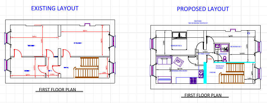 Existing and Proposed CAD Drawing of First Floors Safety Equipment for Fire Regulations